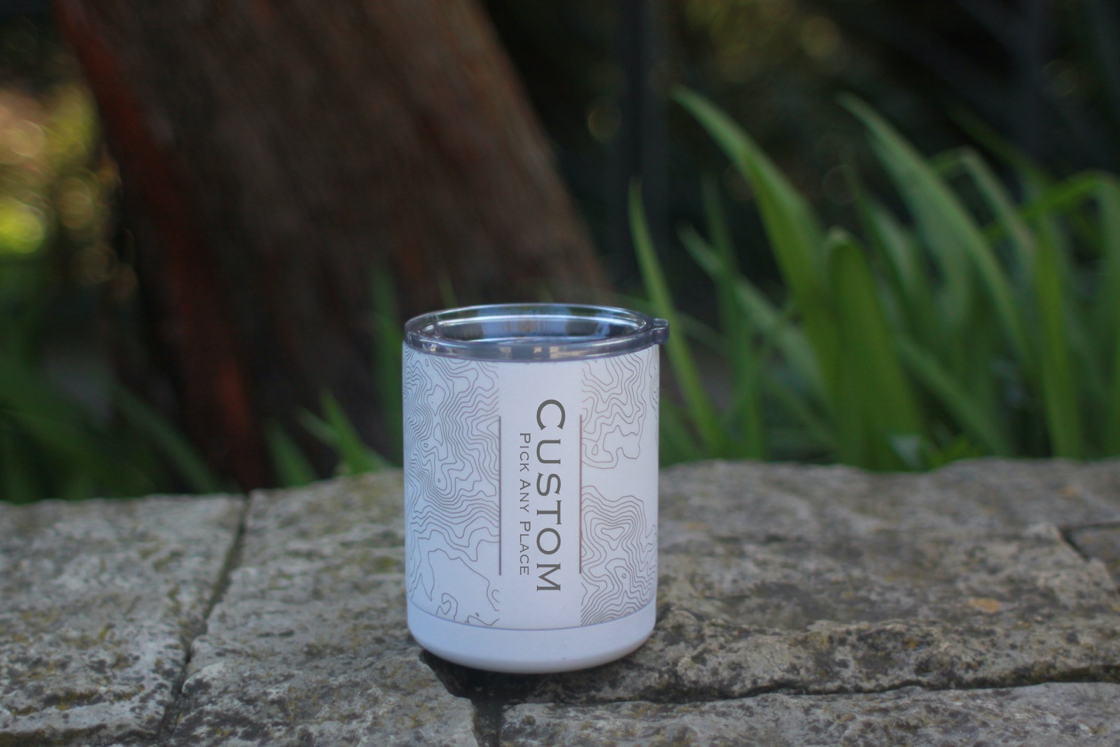 Shorty but mighty stainless steel cup in matte white with custom linart engraved map
